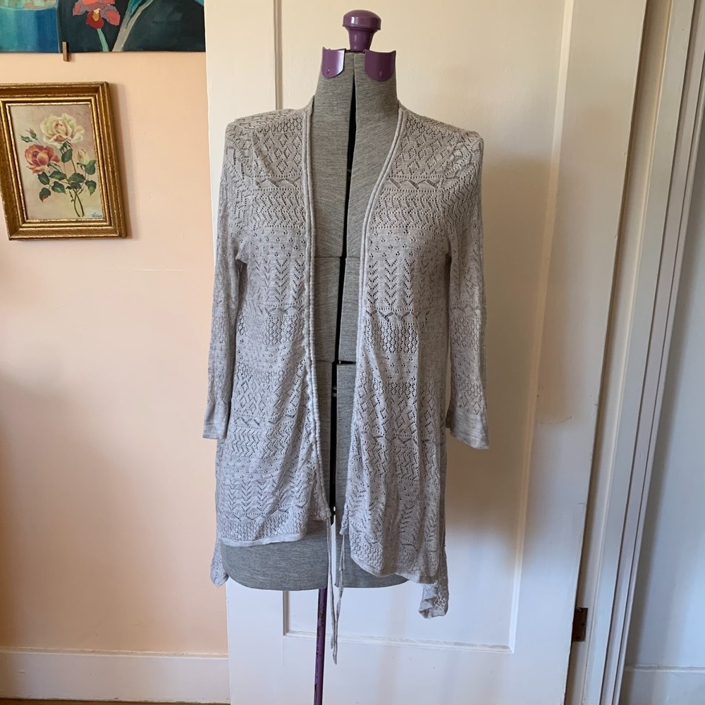 Kensie Grey Pointelle Knit Open Front Cardigan Sweater Small